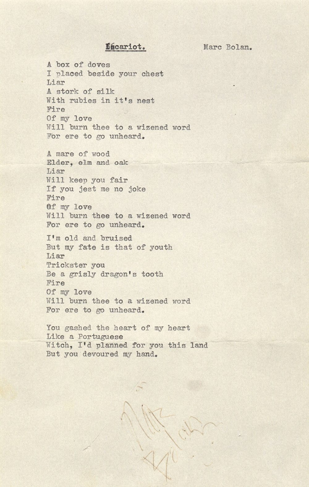 Marc Bolan Signed Lyrics Sheet Sold For £2500