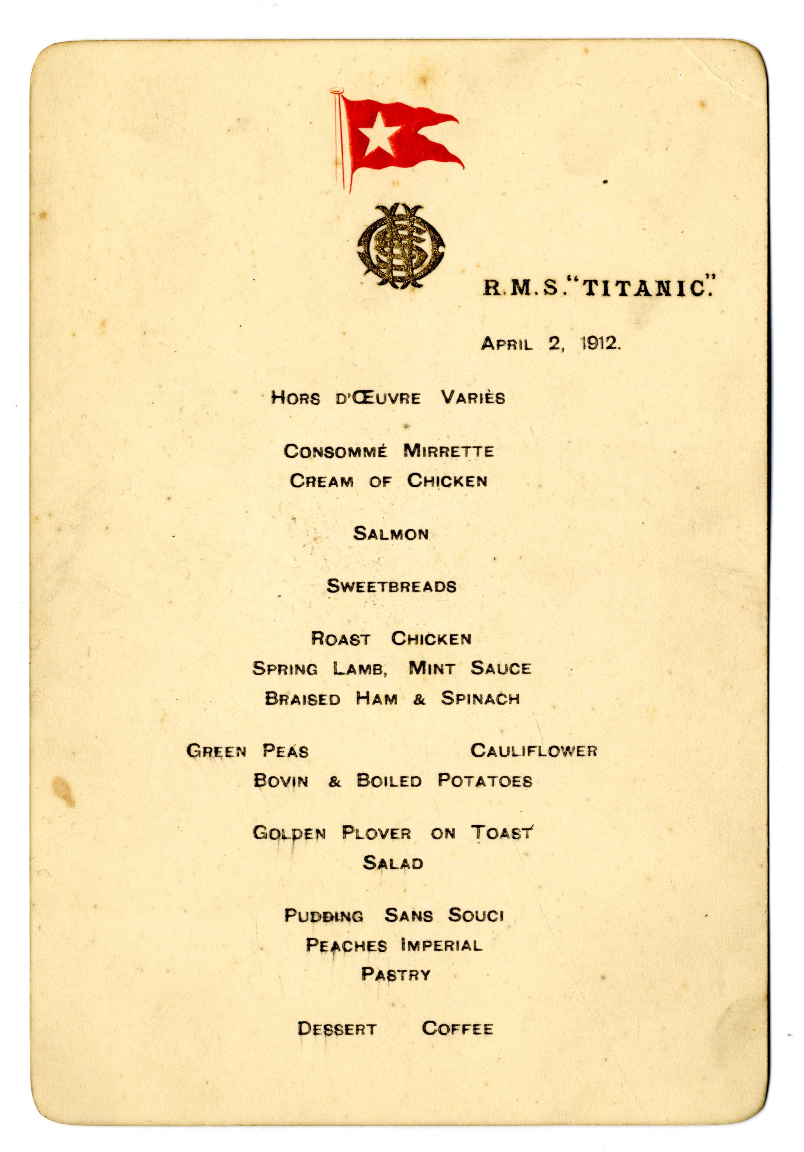 Titanic April 2Nd Menu Sold For £101000