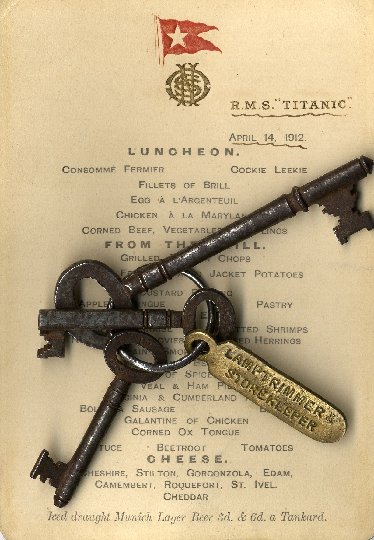 RMS Titanic April 14Th Menuand Titanic Lamptrimmer Storeroom Keys Sold £140000